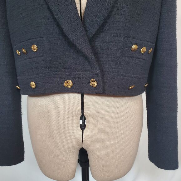 Zara Women's Blazer Large Black Textured Tweed Cotton Gold Detailed Buttons - Picture 3 of 13